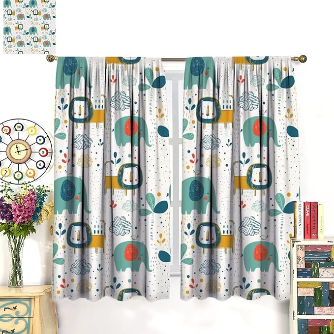 Cute Lions Blackout Curtains for Kids Bedroom,Cartoon Tropical Plants Birds Elephants Print Pattern Window Drapes,Funny Animal Thermal Insulation Curtain for Nursery Baby Room 63x63in