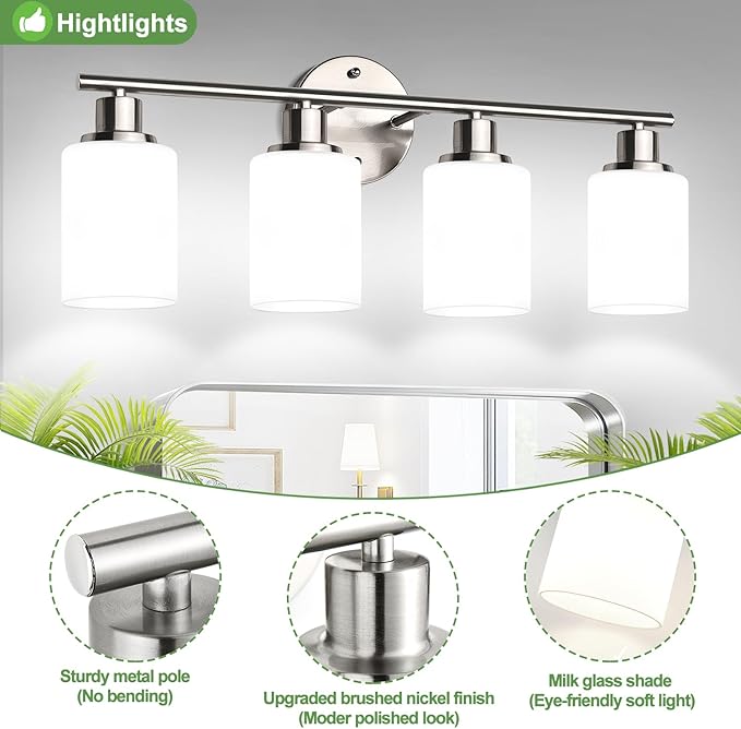 4-Light Bathroom Light Fixtures, Brushed Nickel Modern Vanity Lights
