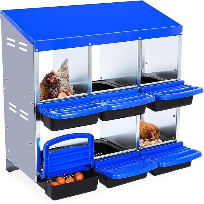 Chicken Nesting Box, 6 Hole 2 Layer Hen Nest Boxes with Legs, Roll-Away Egg Collection System with Ventilation Holes，Rustproof Plastic Tray & Keyhole Mounting, Chicken Laying Box