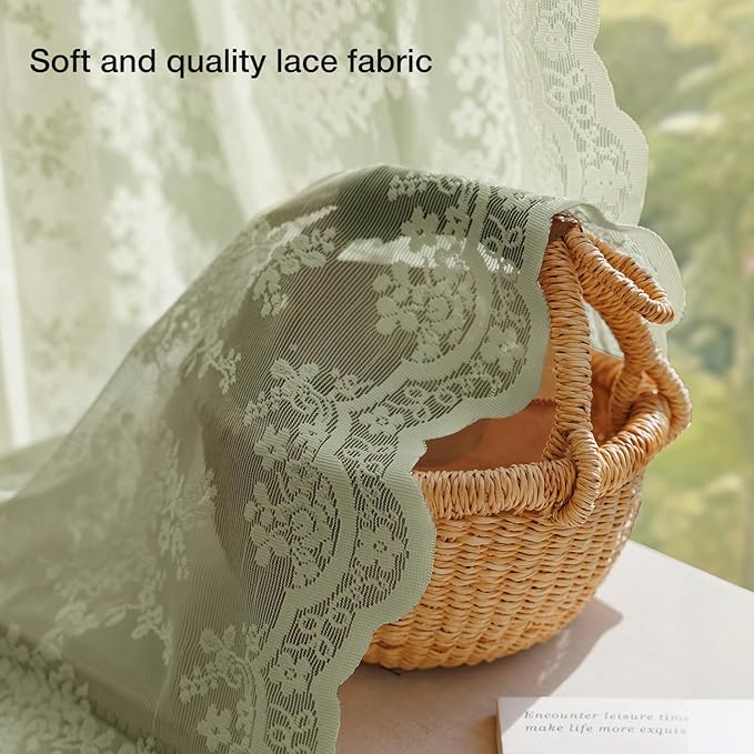 Anmao Vintage Lace Curtains 96 Inches Long 2 Panels Set, Romantic Elegant Light Filtering Semi Sheer Floral Thick Lacy Curtain Drapes for Living Room and Bedroom, Each Panel 55W x 96L, Dry Grass Green