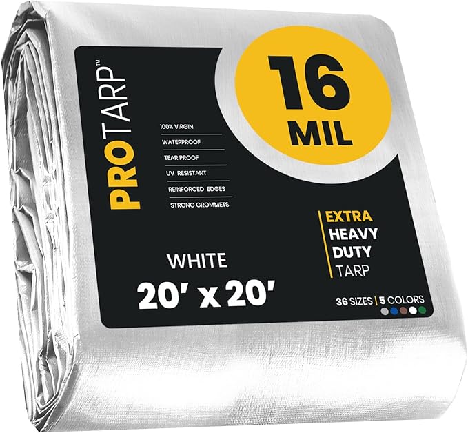 PROTARP Extra Heavy Duty 16 Mil Tarp Cover, Waterproof, UV Resistant, Rip and Tear Proof, Poly Tarpaulin with Reinforced Edges for Roof, Camping, Patio, Pool, Boat. (White 20′ X 20′)