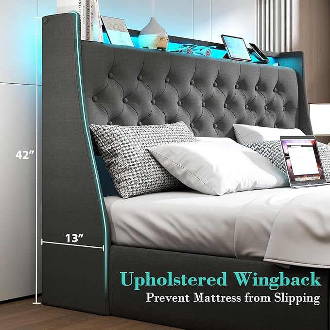 Queen Bed Frame with 4 Storage Drawers, Upholstered Headboard, LED Lights