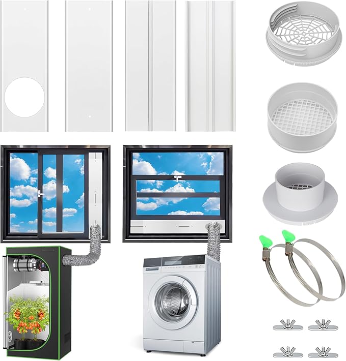 AC Window Vent Kit, Portable Air Conditioner Window Kit, Universal for 4” & 6” Ducting & 5.1"/5.9" Hose, Upgraded AC Sliding Window Seal Kit for HVAC, Inline Fans, Duct Fans, Grow Tent, Dryer