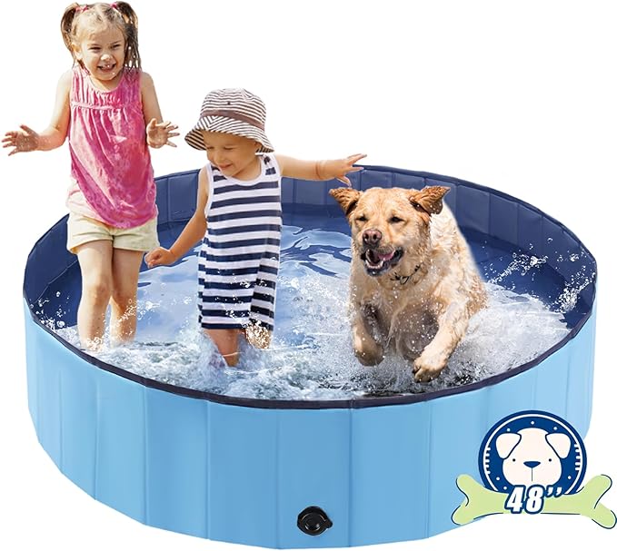 Foldable Dog Pool, Portable Pet Bath Tub and Kiddie Swimming Pool, Collapsible Bathtub for Puppies, Small, Medium and Large Dogs, Cats and Kids, 48 x 12 in, Blue