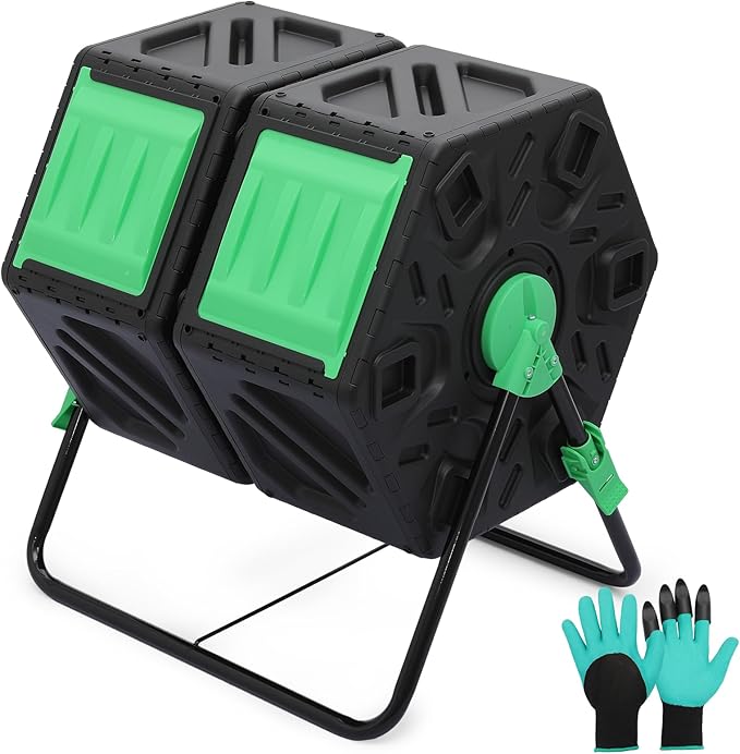 MoNiBloom 34 Gallon Compost Bins Outdoor Dual Chamber Composter Tumbler, All-Season Fast Working Tumbling Composter, High Volume Composter with 2 Sliding Doors
