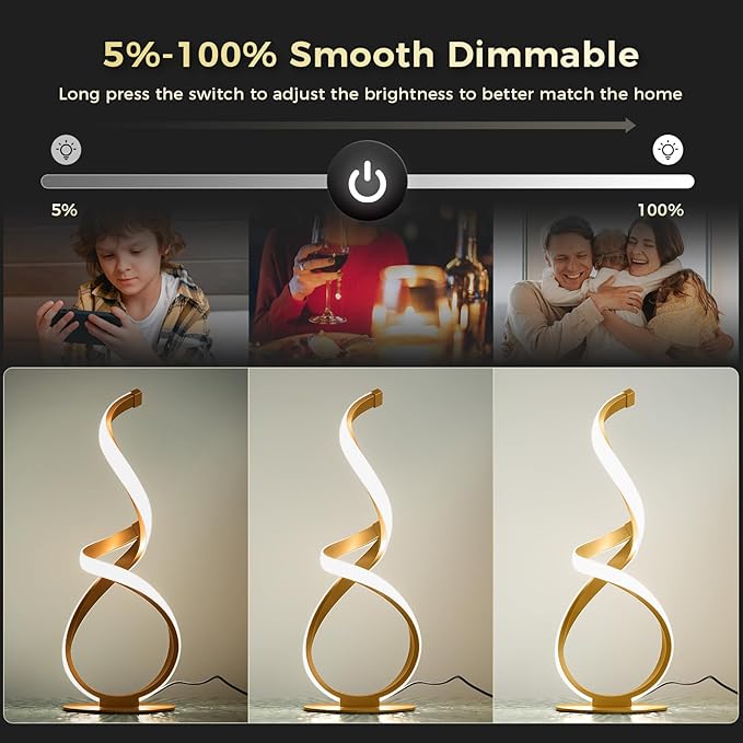 Bedside Table Lamp, LED Touch Dimmable Spiral Desk Lamp