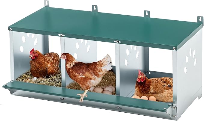 Chicken Nesting Boxes for Hens – Roll-Away Egg Nesting Box with Perch & Ventilation, Roll Out Egg Collection, Galvanized Steel Laying Box for Backyard Coop Poultry Farm (3 Holes)