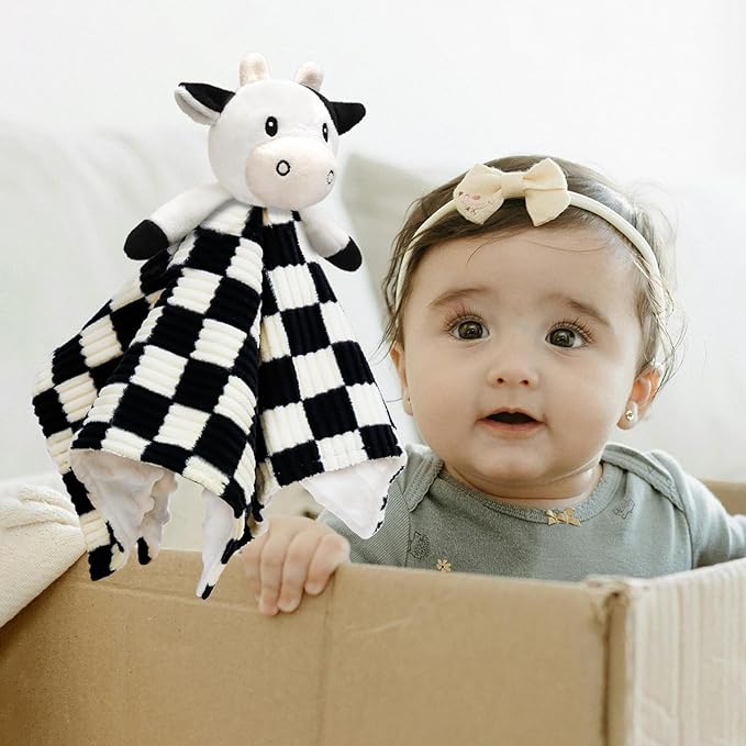 Cow High Contrast Baby Security Blanket for Babies, Soft 3D Checkerboard Lovey with Minky Dot Fabric Backing, Newborn Boys and Girls Snuggle Stuffed Animal Blankie 14 Inch