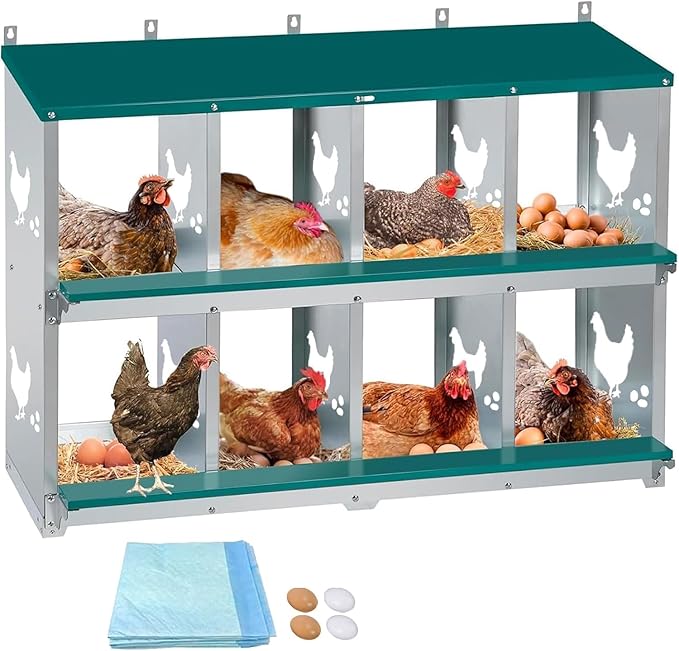 Chicken Nesting Box 8 Compartment with 10 Pet Moisture Pads and 4 Fake Eggs Roll Away Egg Collection, Perch, Lid Cover for Egg Protection - Wall Mount Nest Box for Chickens, Hens, Ducks