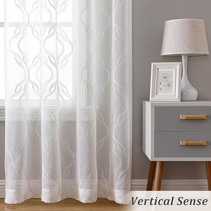 VISIONTEX Sheer Curtains 72 Inches Long 2 Panels Set, Beige and Ivory Moroccan Embroidery Texture Geometric Rod Pocket White Voile Tulle Semi Window Treatment Pair for Bedroom, W54 x L72