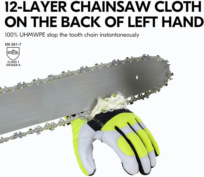 Vgo... 1Pair Chainsaw Gloves, 12-Layer Chainsaw Protection on Left Hand Back,Goat leather Work Gloves, Mechanic Gloves