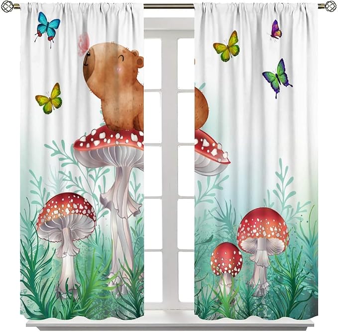 Cartoon Animals Curtains, Cute Butterfly Capybara Blackout Window Treatments, Rod Pocket Thermal Insulated Drapes 2 Panel Sets for Kids Bedroom Nursery Classroom, 63" W X 72" L