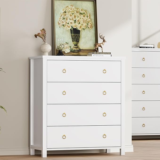IDEALHOUSE Dresser for Bedroom, Chest of Dressers 37" Tall Dresser for Closet with 4 Drawers Chest with Clothes Storage Cabinet, Drawer Organizer for Bedroom, Living Room, Closet, Hallway, White