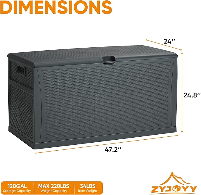 125 Gallon Resin Deck Box, Weatherproof Outdoor Storage Box for Patio, Garden, Pool, and Yard, Lockable Waterproof Bin for Tools, Cushions, and Accessories, Grey