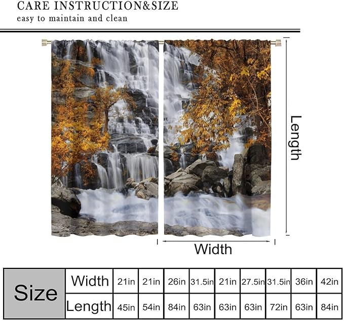 Autumn Tree Leaf Blackout Curtains, Landscape Nature Forest Lake Waterfall Rod Pocket Window Drapes, for Bedroom Living Room 63" W X 72" L