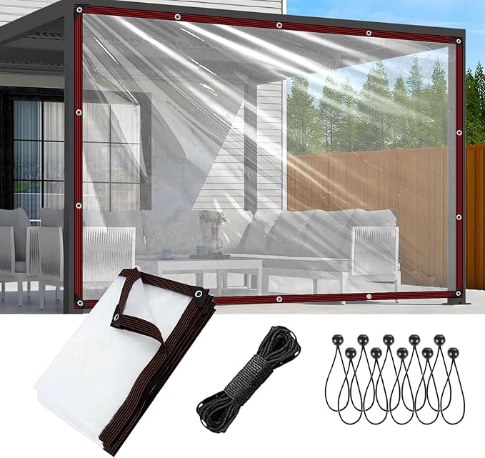 9x27 FT Clear tarp Waterproof Heavy Duty,Plastic Tarp Edge Heat Fused Rope+Tie-Downs, with Outdoor Patio Enclosure Chicken Coop Cover Waterproof Transparent Tarpaulin, for Porch Greenhouse Plant