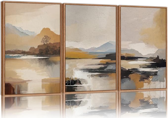 Tinonedraw Beige Mountain Landscape Framed Canvas Wall Art, Abstract Mid Century Modern Wall Decor, Golden Hour Lake Artwork, Neutral Nature Scenery Art Printing for Living Room Bedroom Office 16"x24"x3