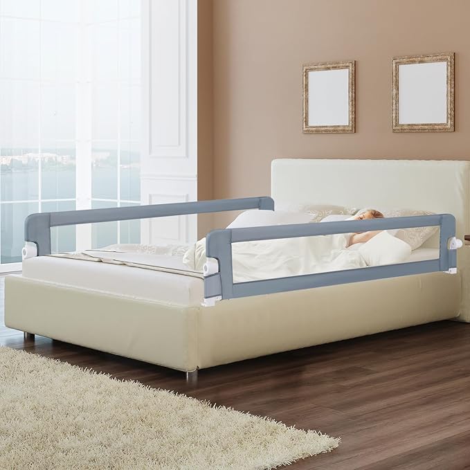 BABY JOY Double Sided Bed Rail Guard, 2 Pack, Extra Long, Swing Down for Convertible Crib, Folding Baby Safety Bedrail for Kids Twin Full Size Queen King Mattress, Rails for Toddlers (Light Gray, 71")