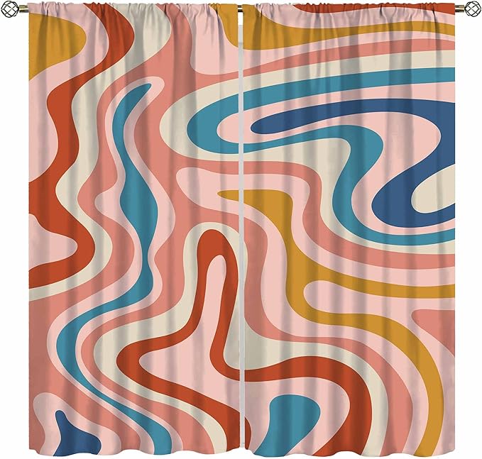 70S Abstract Wavy Swirl Curtain for Bedroom Windows,Retro Boho Minimal Teen Girls Kids Living Room Restroom Window Treatments Drapes 63" W X 72" L