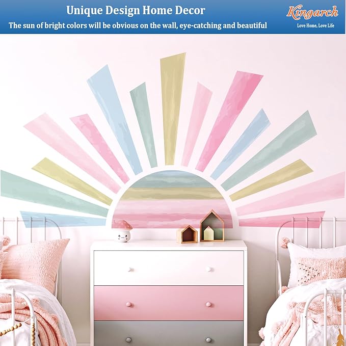 Large Boho Half Sun Wall Decals, Sunshine Peel and Stick Fabric Nursery Wall Decor, Removable Home Room Decor Murals Stickers for Kids Girls Toddler Bedroom Living Room Playroom