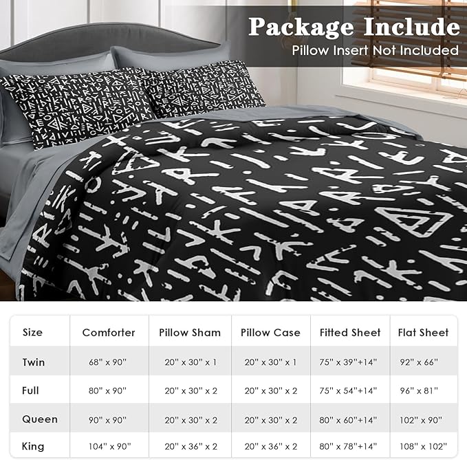 Comforter Set Queen Size, Gothic Viking Black 7 Pcs Bedding for Kids and Adults, Geometric Medieval Norse Bed Sheet Sets with Fitted Sheet 2 Pillowcases & 2 Shams for Bedroom Bed Decor