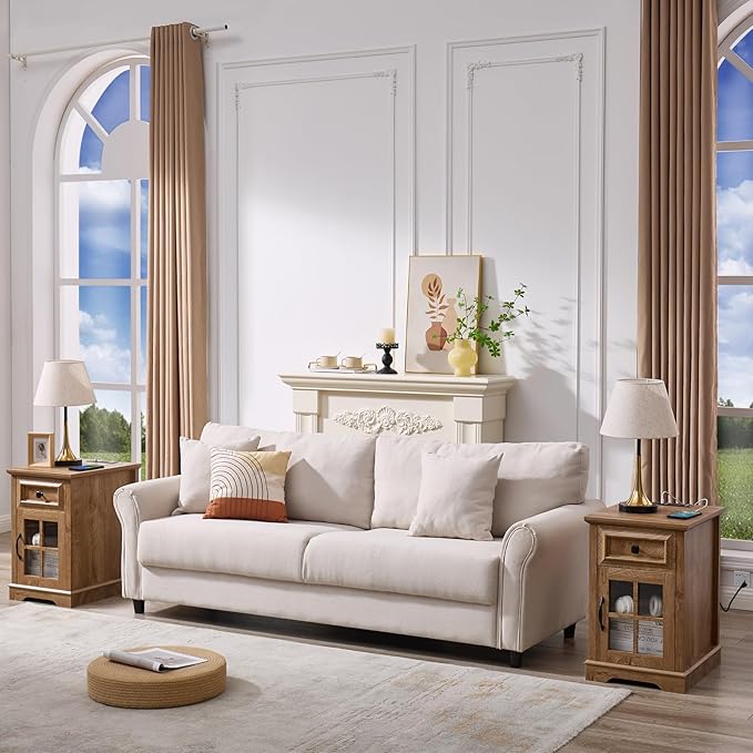Farmhouse XXL End Table with Charging Station, Side Table with USB Ports and Outlets, Nightstand with Drawer and Glass Door Storage, Log Color Bedside Tables for Living Room, Bedroom, Office