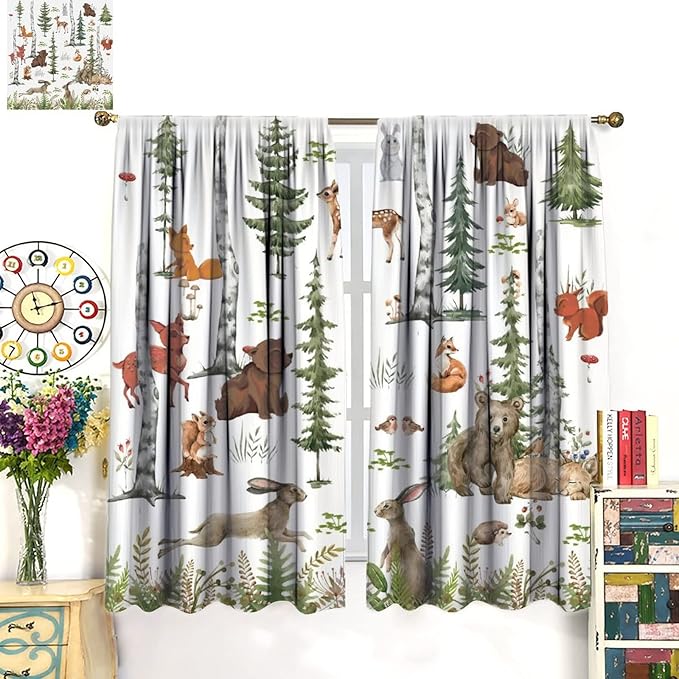 Animal Kids Curtains, Woodland Squirrel Rabbit Bear Animal Friends Forest Curtains for Boys and Girls Bedroom Living Room Kitchen 42x54 Inch