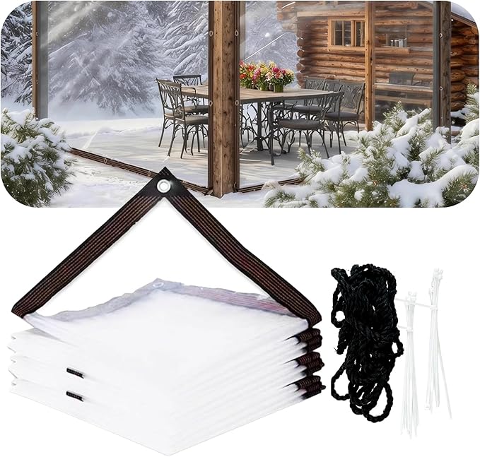 Clear Waterproof Tarp with Grommets, Heavy Duty Vinyl Tarpaulin, Tear Resistant Transparent Cover for Patio, Greenhouse, Garden, Chicken Coop (Includes Ropes & Zip Ties) (10x13FT)