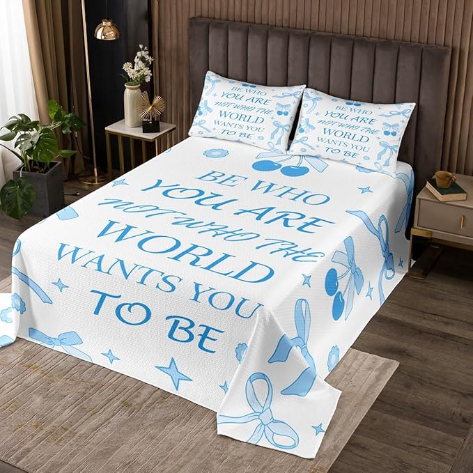 Blue Bowknot Kids Bedspread Queen Size,Cherry Tropical Fruit Cartoon Princess Coverlet Set,Girls Women Room Decor,Bow Tie Stars Daisy Cute Quilted Coverlet,Blue Dreamy Bedding Quilt,2 Pillowcases