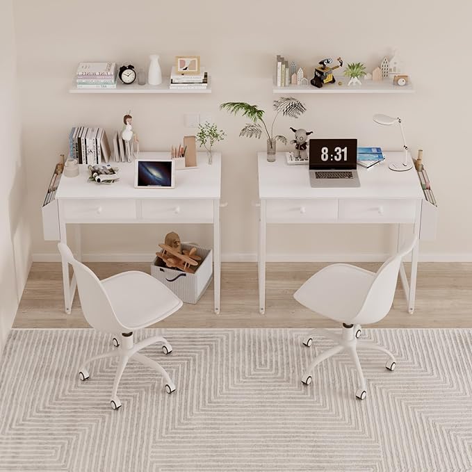 Lufeiya Small White Desk with Drawers - for Bedroom, 32 Inch Home Office Computer Desk with Fabric Storage Drawer and Bag, Study Writing Table for Small Spaces, White