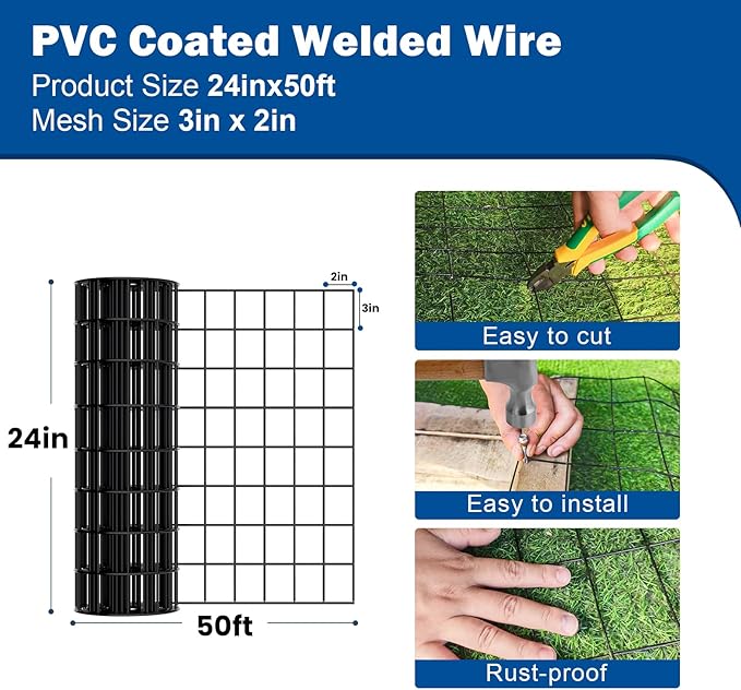 Black Welded Wire Fence (2×3 Inch Mesh, 24"×50' 16Gauge) PVC Coated for Rust Resistance, Perfect for Garden Enclosures, Pet Fencing & Outdoor Barriers