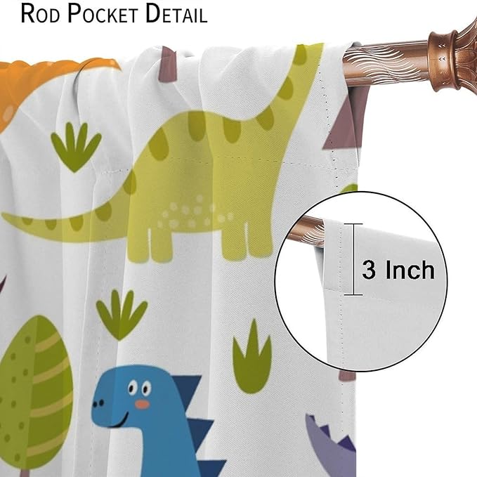 Dino Curtains, Cartoon Style Colorful Dinosaurs Pattern Blackout Window Treatments, Rod Pocket Thermal Insulated Drapes 2 Panel Sets for Kids Bedroom Nursery Classroom, 63" W X 63" L