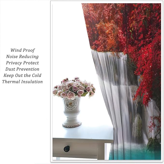 Red Forest Waterfall Blackout Windows Curtains, Tree Landscape Woodland Scenic Nature Fall Scenery Art Printed Curtains, for Living Room Bedroom 72x63in 2 Panels