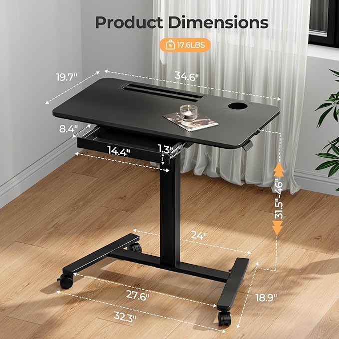 Mobile Standing Desk with Drawer, 35" Small Standing Desk with Cup Holder, Rolling Laptop Cart on Wheels, Height Adjustable Table with Storage for Home Office, Black