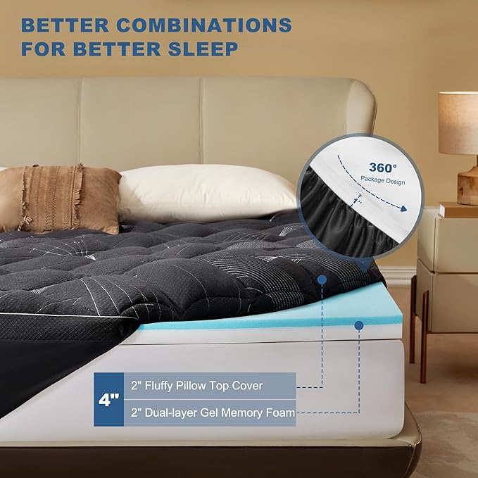 Bedlore 4-Inch Twin XL Mattress Topper for Back Pain - Dual Layer Medium Support (2" Gel Memory Foam + 2" Cooling Fluffy Pillow Top Pad), Breathable & Pressure Relief (Gray)