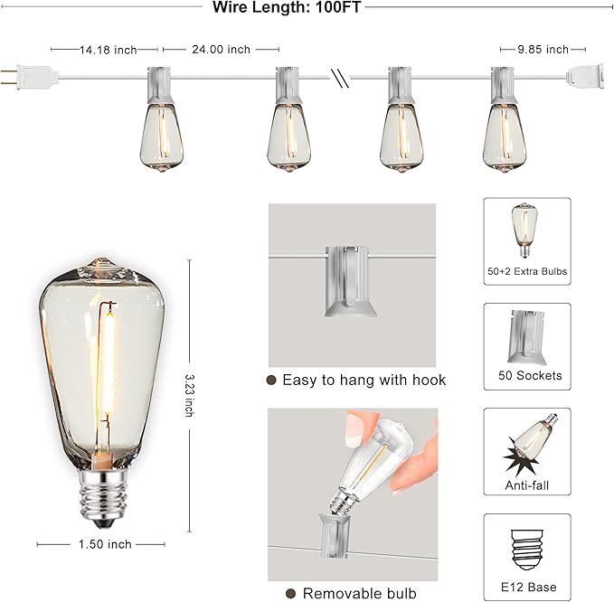DAMAING LED Outdoor String Lights 100FT Patio Lights