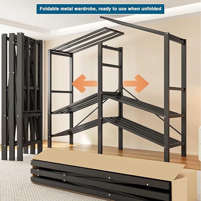 FPIGSHS Heavy Duty Clothes Rack with Cover Foldable Covered Clothes Rack for Hanging Clothes portable Wardrobe Closet System Freestanding Coat Storage Garment Racks for bedroom (black, 66.1in)