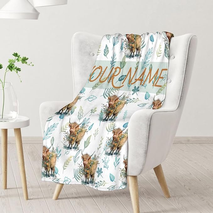 Personalized Highland Cow Blanket Gifts for Kids Boys Girls, 40x30 Inches Cute Throw Blanket for Highland Cow Lovers, Custom Soft Fuzzy Blankets for Lap Chair Travel