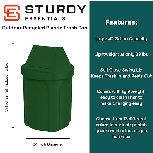 42 Gallon Round 100% Recycled Plastic Indoor or Outdoor Commercial Trash Can with Easy Access Swing Top Lid | Great for Schools and Businesses - Green Granite