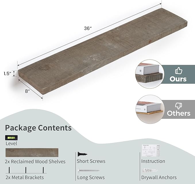 Floating Shelves | 8" Deep Rustic Reclaimed Barnwood Wall Hanging Shelves with Invisible Heavy-Duty Metal Bracket | Wall Mounted | Farmhouse Style | 36 inches, 2 PCs, Distressed Grey