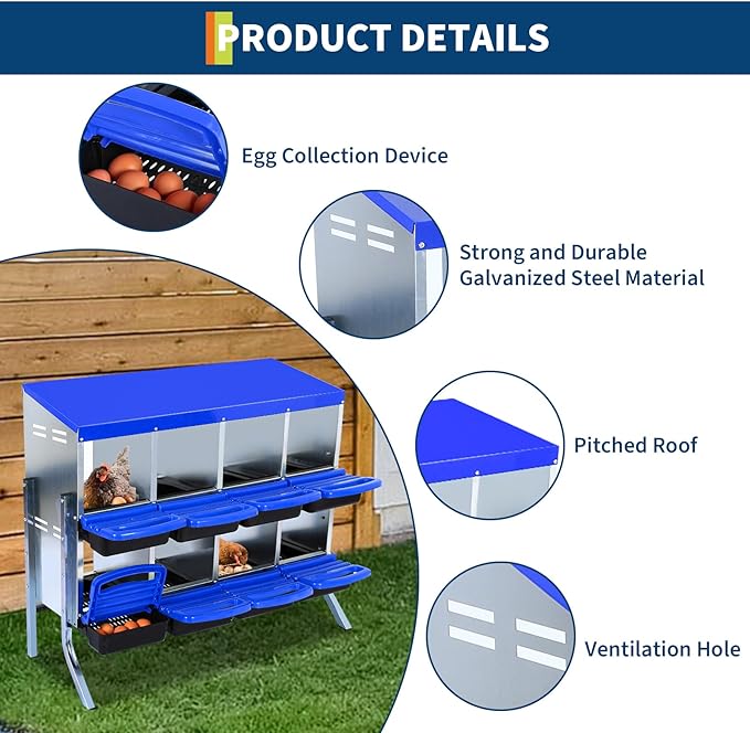 Chicken Nesting Boxes, Roll Away Nesting Box 8 Hole Metal Chicken Egg with Leg for Chicken Coop, Swing Perch and Rollout Egg Collection, Blue
