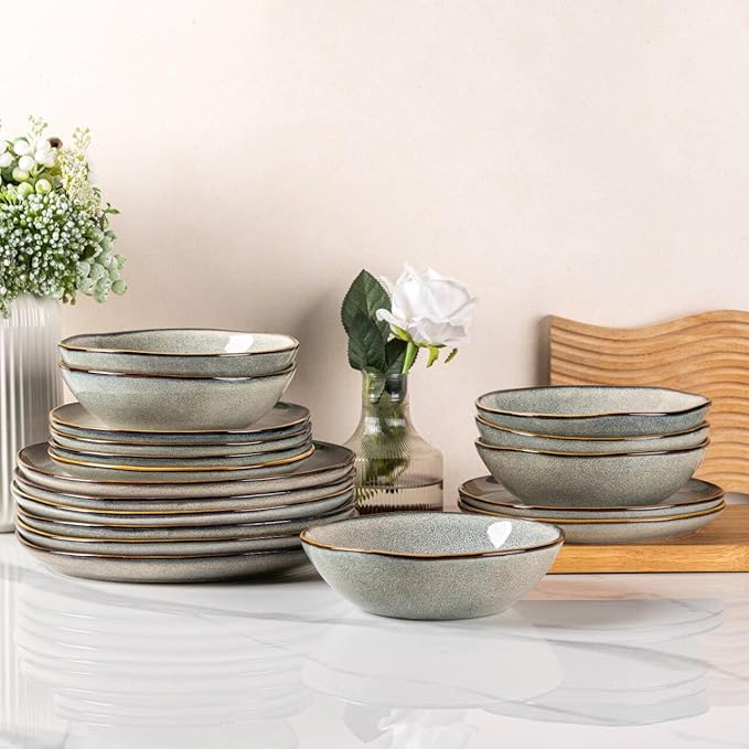 AmorArc Ceramic Dinnerware Sets,Handmade Reactive Glaze Stoneware Plates and Bowls Sets,Highly Chip and Crack Resistant | Dishwasher & Microwave Safe Dishes Set,Service for 4 (12pc)