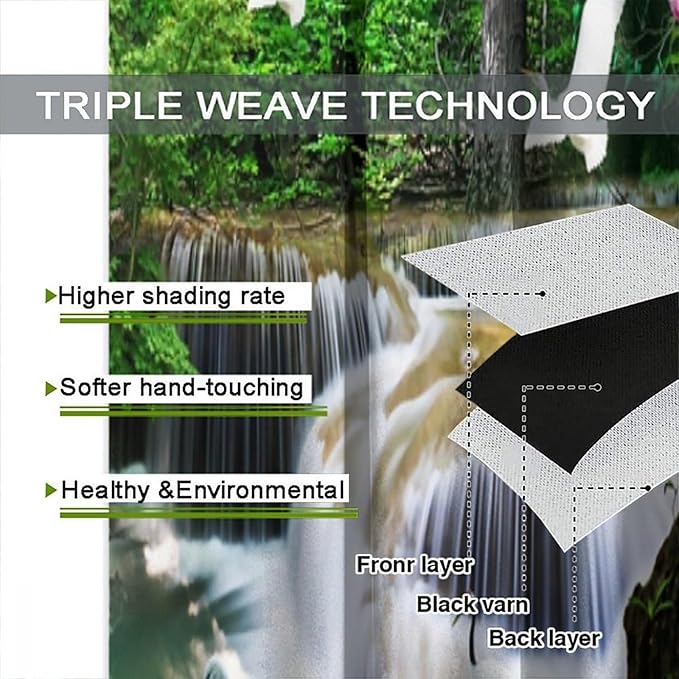 Nature Blackout Curtain, Waterfall Landscape Forest Swan Fish Pattern Rod Pocket Window Drapes, for Bedroom Living Room 42" W X 54" L