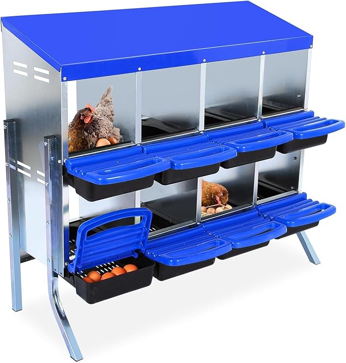 Chicken Nesting Box, 8 Hole 2 Layer Hen Nest Boxes with Legs, Roll-Away Egg Collection System with Ventilation Holes，Rustproof Plastic Tray & Keyhole Mounting, Chicken Laying Box