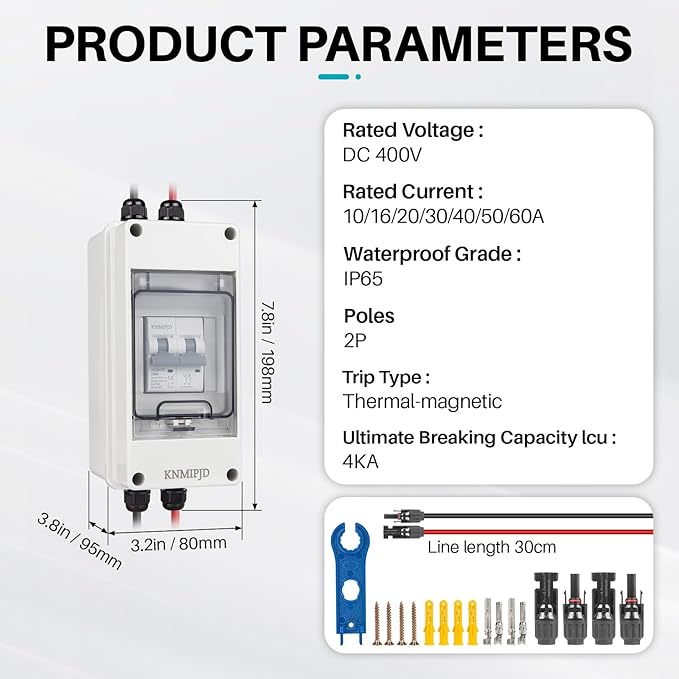 Solar Panel Disconnect Switch 10A 2P 400V Dc/AC Breaker Disconnect Box Outdoor Breaker Box Suitable for photovoltaic and Wind Energy Home Battery Systems (20 Amps)