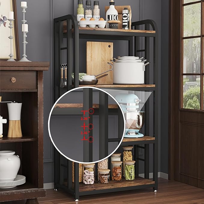 Microwave Oven Stand with Storage 4 Tiers, Free Standing Microwave Oven Stand Coffee Bar Adjustable Kitchen Shelves Kitchen Storage Shelf Rack Bakers Racks for Kitchens(Brown)