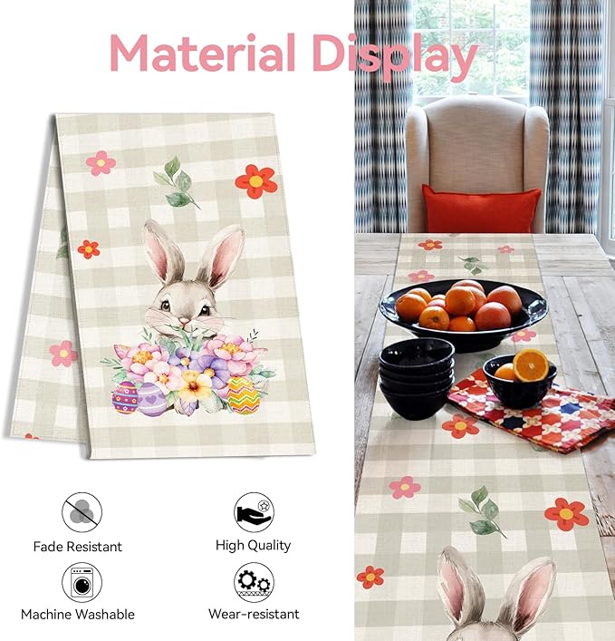 Easter Table Runner 13x72 Inch Bunny Rabbit Flowers Leaves Buffalo Plaid Eggs Seasonal Holiday Kitchen Dining Table Decoration for Indoor Kitchen Dining Home Party Decor
