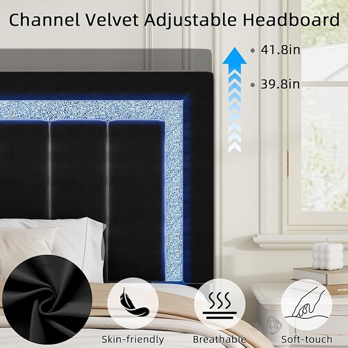 HOMBCK Bed Frame King with LED Lights and Velvet Upholstered Headboard