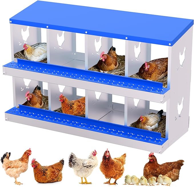 8-Hole Galvanized Chicken Nesting Box, Roll Away Egg Collection, Rustproof Hen Laying Boxes with Legs, Ventilated & Easy Install, Premium Poultry Nest for Chicken Coop/Duck House + Fake Training Eggs