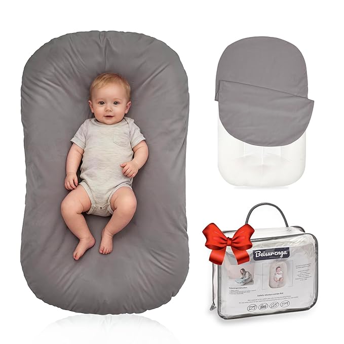 Baby Lounger for Newborn - Snuggle Cozy Me Lounger | Breathable Soft Cotton, 0-24 Months Portable Playtime Baby Nest, Newborn Baby Essentials Gifts- Grey (1 Lounger + 1 Cover)